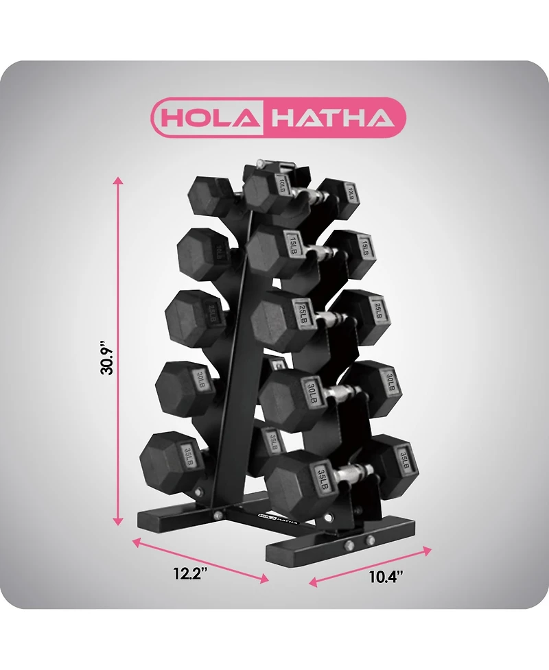 HolaHatha 10, 15, 25, 30 & 35 Lb Hexagonal Dumbbell Weight Set w/ Rack, Black