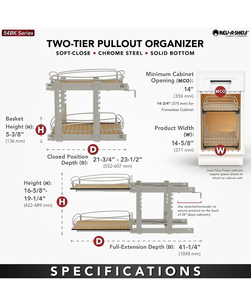 Rev-a-Shelf Two-Tier Solid Bottom Pullout Base Cabinet Organizer, 54BK-15SC-2-1