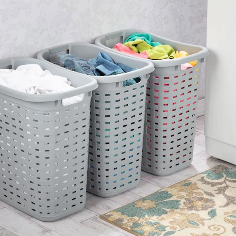 Sterilite Plastic Weave Laundry Hamper Slim Clothes Lidded Basket, Gray, 4-Pack