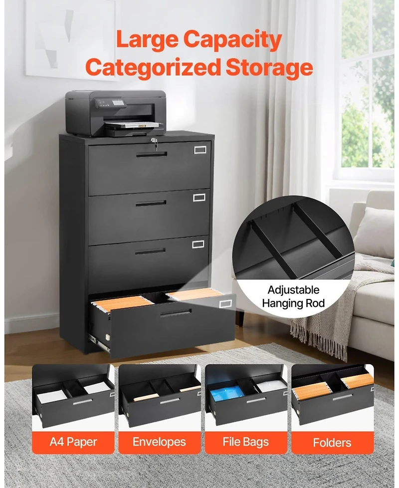 Gouun 4-Drawer Metal File Cabinet with Lock, Vertical Filing, 52.17 x 16.10 x 35.51 inch