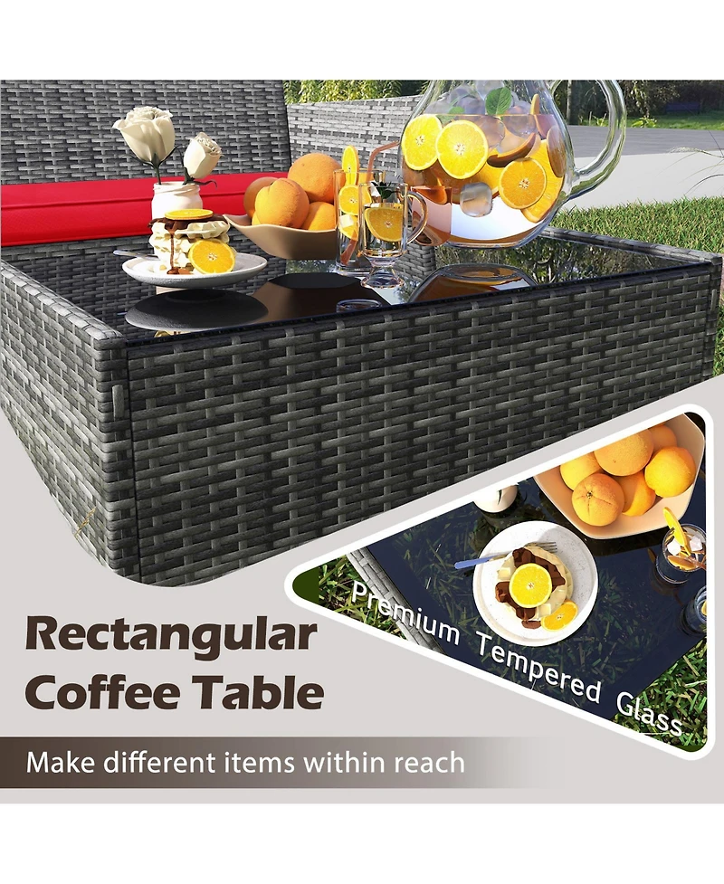 Gouun 4-Piece Patio Rattan Conversation Set with Loveseat, Chairs, and Glass Table