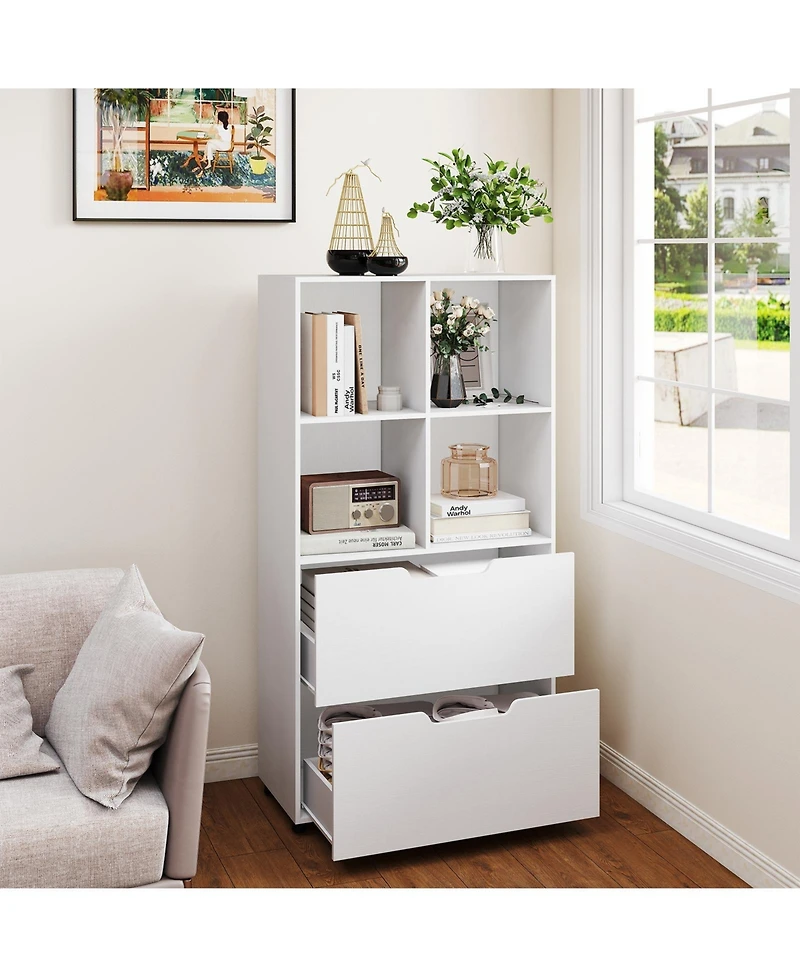 Gouun 5-Tier 4-Cube Bookcase with 2 Drawers, 27.5 x 13 x 51