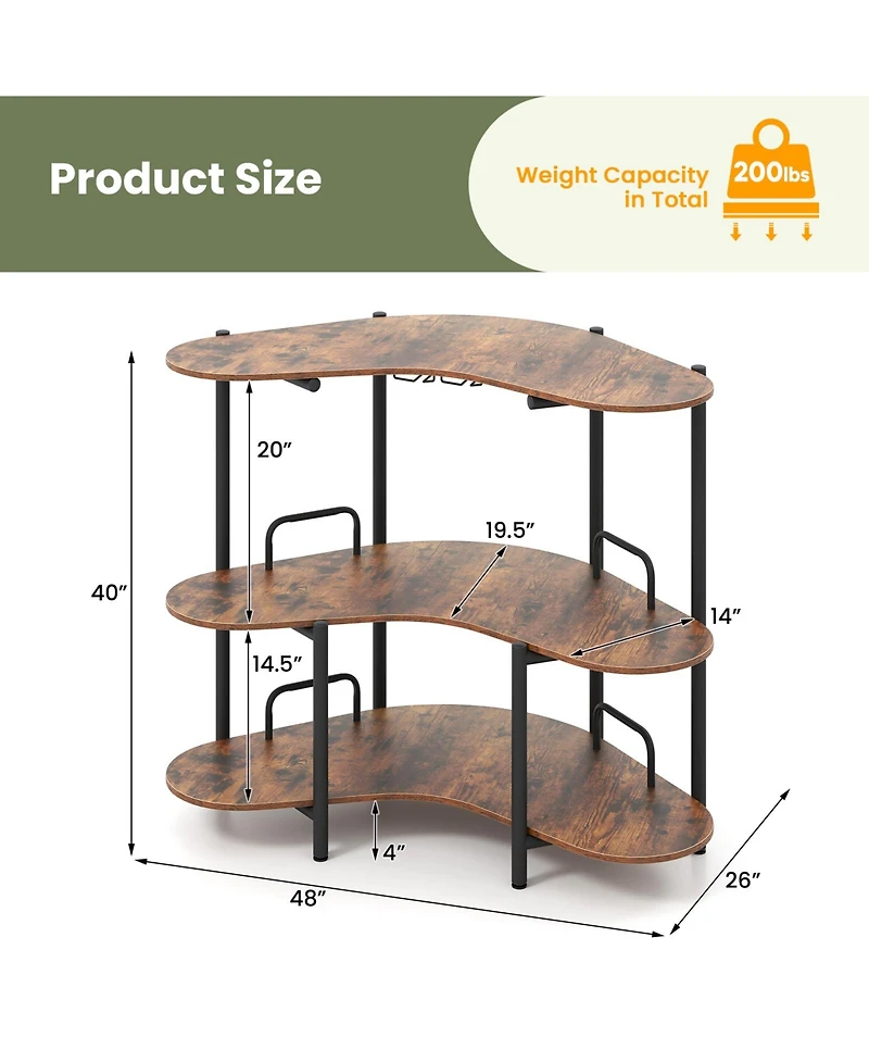Gouun 3-Tier Liquor Bar Table with Stemware Rack and Storage Shelves