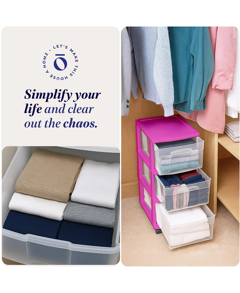 Homz Plastic 3 Drawer Medium Storage Container Tower, Clear Drawers/Purple Frame