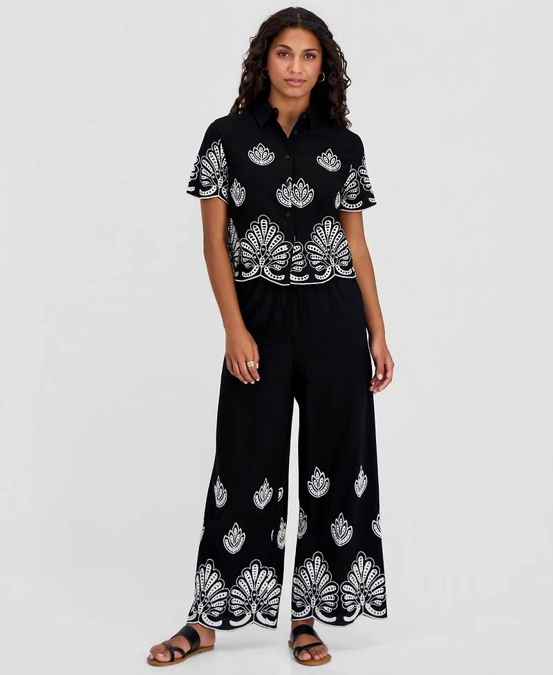 And Now This Petite Embroidered Cotton Wide Leg Pants, Macy's Exclusive