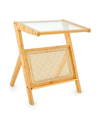 Gouun Boho Bamboo End Table with Tempered Glass Top and Magazine Rack, 22 in