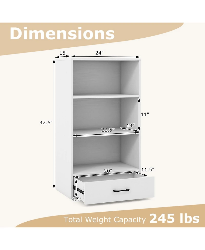 Gouun 4-Tier Storage Bookcase with Drawer and Anti-Toppling Kit, 24 x 15 x 42.5
