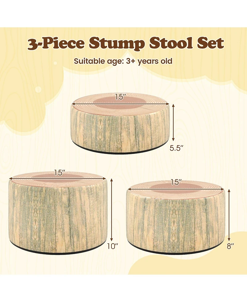 Gouun 3-Piece Tree Stump Stool Set with Wood Printing