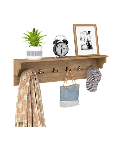 Gouun Wall-Mounted Wooden Coat Rack with Shelf and 6 Hooks, 31.5 in