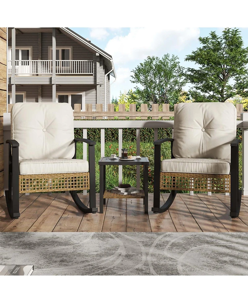 Aoxun Indoor Outdoor Rocking Chair 3 Piece Set Metal Frame Patio Furniture with Wicker Accent and Side Table