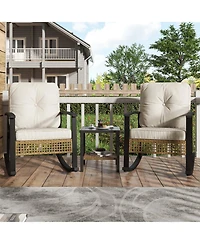 Aoxun Indoor Outdoor Rocking Chair 3 Piece Set Metal Frame Patio Furniture with Wicker Accent and Side Table