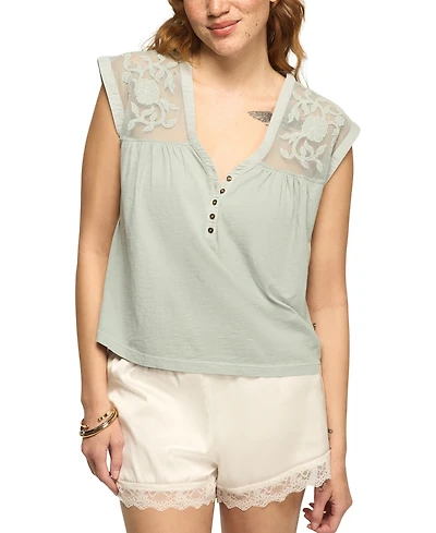 Lucky Brand Women's V-Neck Mesh Embroidered Yoke T-Shirt