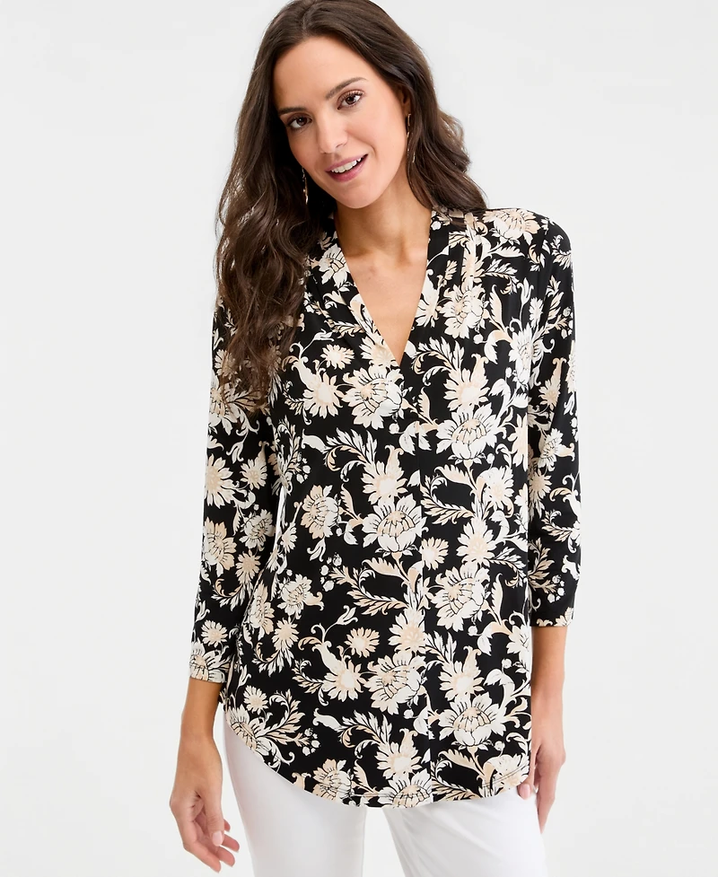 Jm Collection Women's Printed 3/4 Sleeve V-Neck Knit Top, Macy's Exclusive