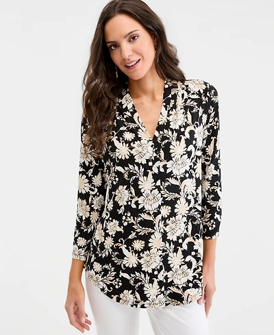 Jm Collection Women's Printed 3/4 Sleeve V-Neck Knit Top, Macy's Exclusive