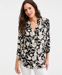 Jm Collection Women's Printed 3/4 Sleeve V-Neck Knit Top, Macy's Exclusive