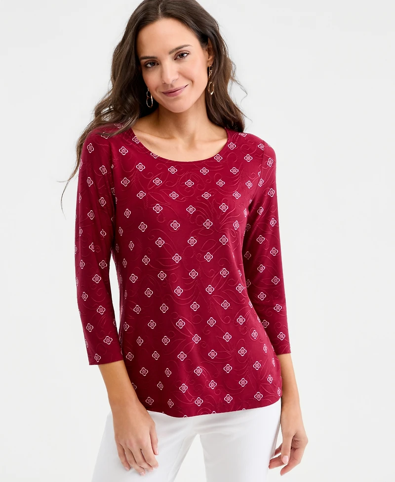 Jm Collection Women's Printed 3/4 Sleeve Scoop-Neck Jacquard Top, Macy's Exclusive