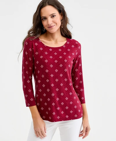 Jm Collection Women's Printed 3/4 Sleeve Scoop-Neck Jacquard Top, Macy's Exclusive