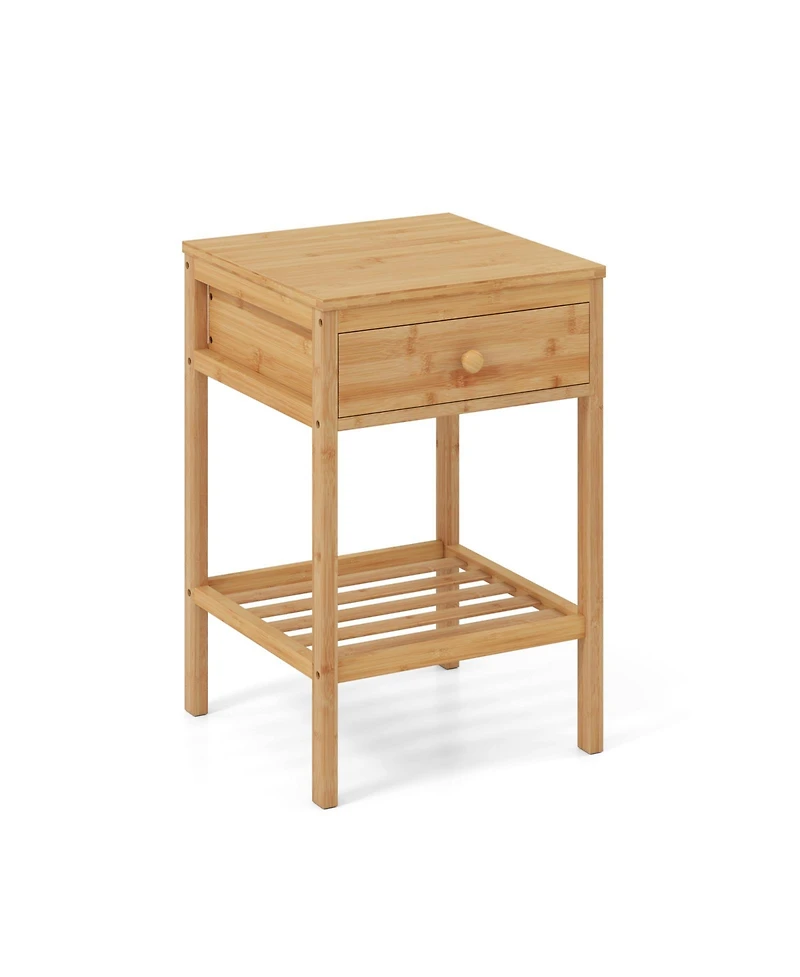 Gouun Bamboo Nightstand with Storage Drawer and Slatted Open Shelf