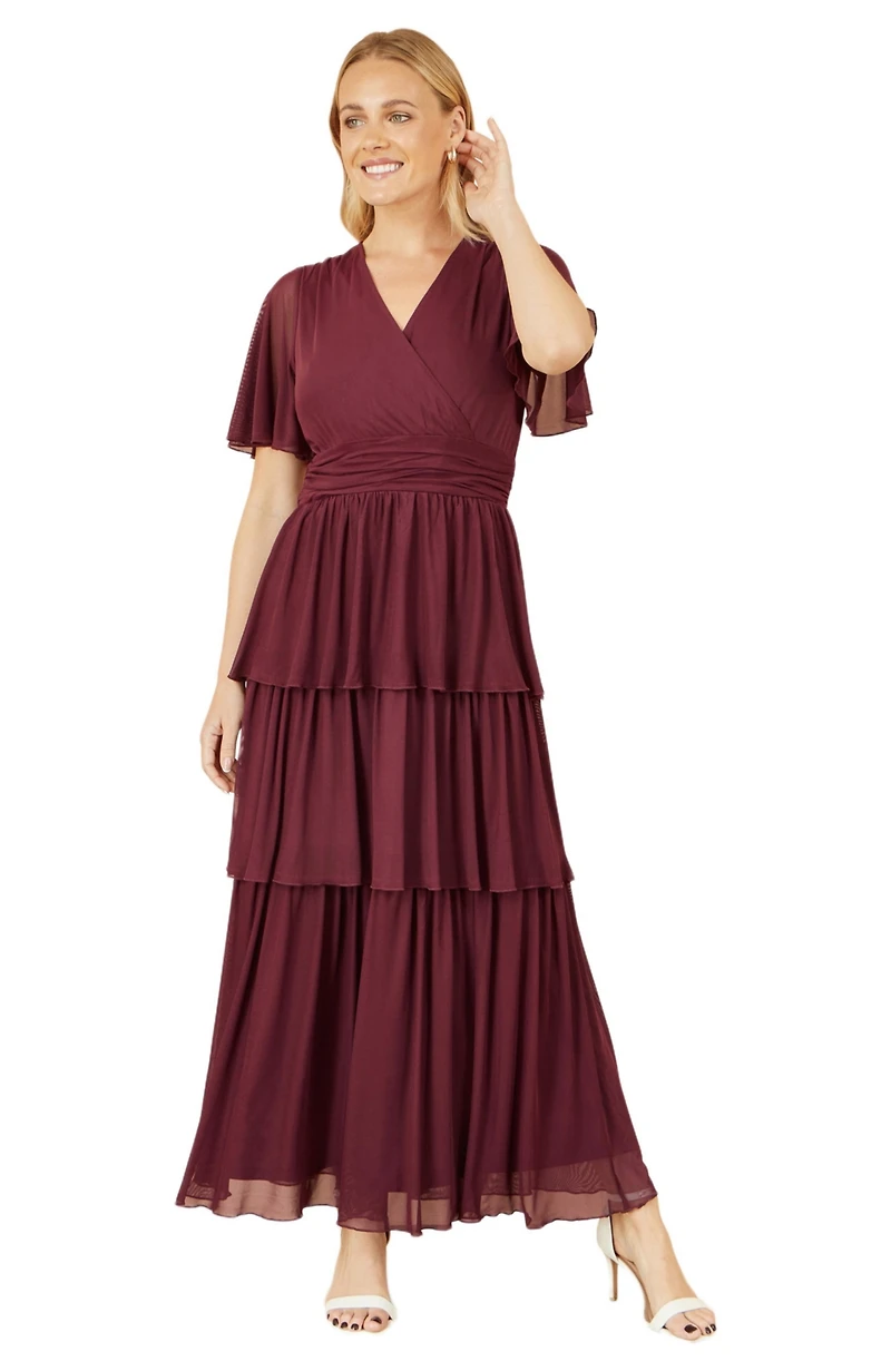 Yumi Women's Mesh V-Neck Tiered Maxi Dress