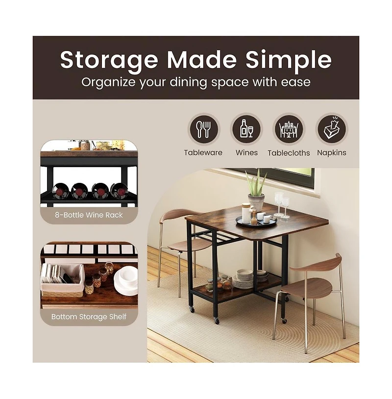 Gouun Folding Dining Table with Wine Rack, Open Shelf, and Wheels