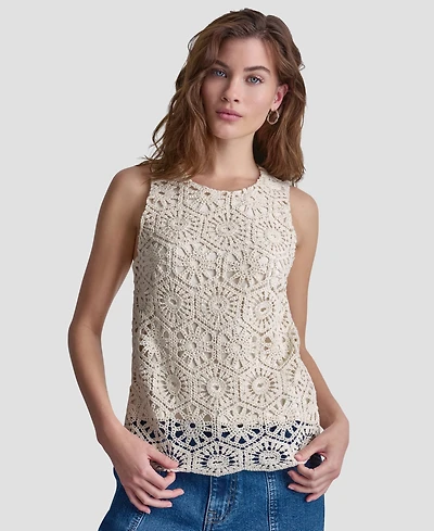 Dkny Jeans Petite Crochet Crewneck Knit Tank Top
