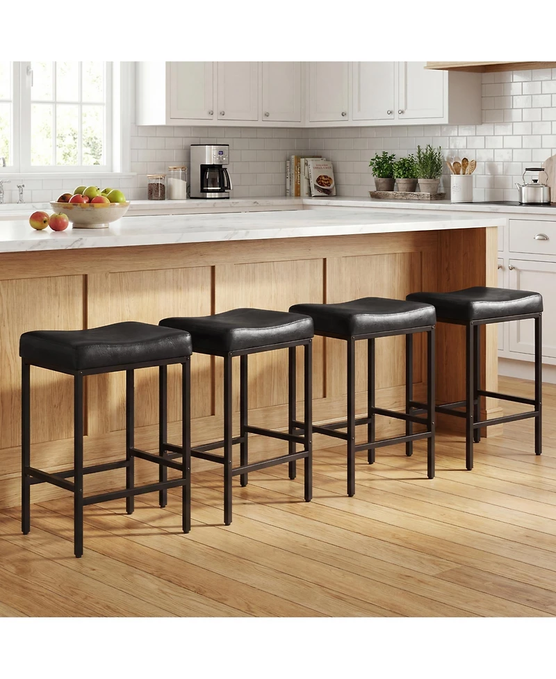 Gymax Bar Stools Set of 4 25'' Faux Leather Upholstered Saddle Stools with Metal Legs