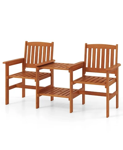 Gouun 2-Seater Solid Wood Outdoor Chair Set with 2-Tier Side Table and Umbrella Hole