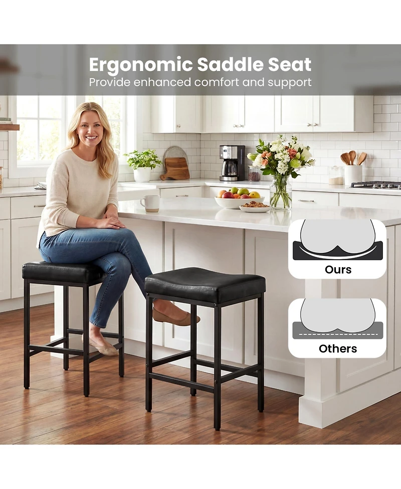Gymax Bar Stools Set of 4 25'' Faux Leather Upholstered Saddle Stools with Metal Legs