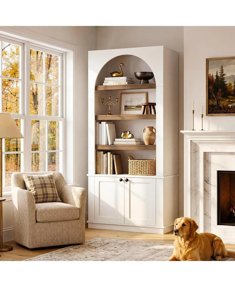 Tribesigns 71'' Tall Bookcase with Doors, 6-Tier Modern Arched Bookshelf, Freestanding Wooden Storage Cabinet