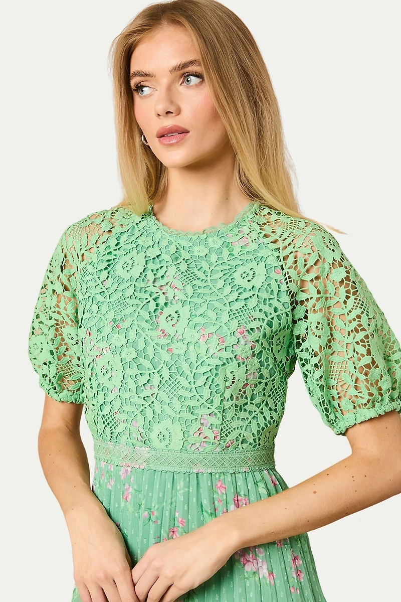Oasis Women's Floral Lace Bodice Pleated Midi Dress