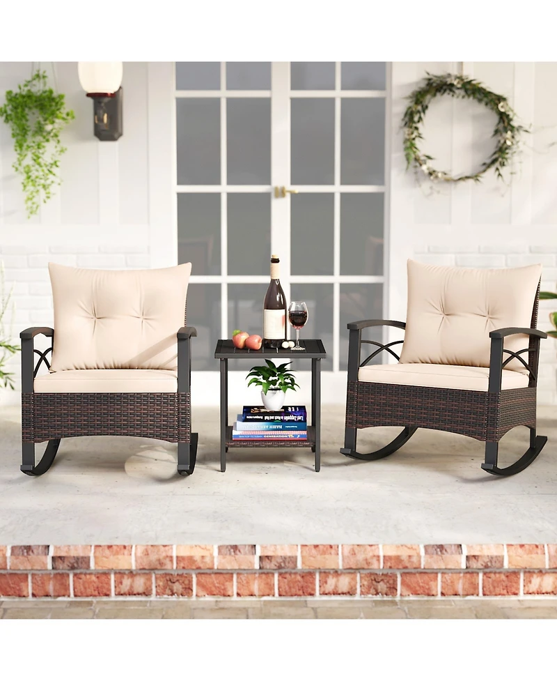 Slickblue 3 Piece Rattan Rocking Bistro Set with Acacia Wood Table