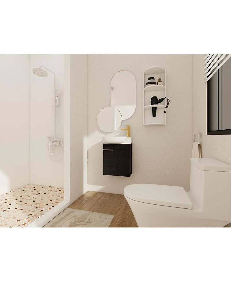 Sillysis 16.8 Inch Bathroom Vanity with 3-Tier Storage Rack and Ceramic Sink, Black Wall Mounted Modern Cabinet, Soft Close Door for Small Spaces