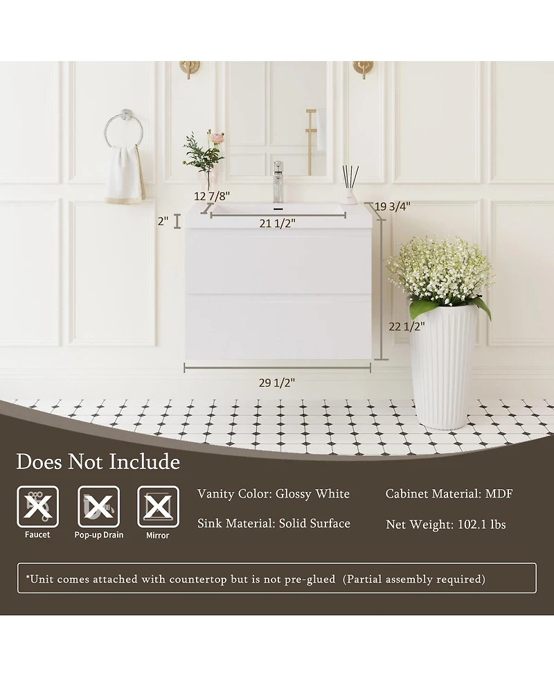 Sillysis Inch Glossy Wall Mounted Bathroom Vanity with Resin Sink and Soft Close Drawers, Easy Installation