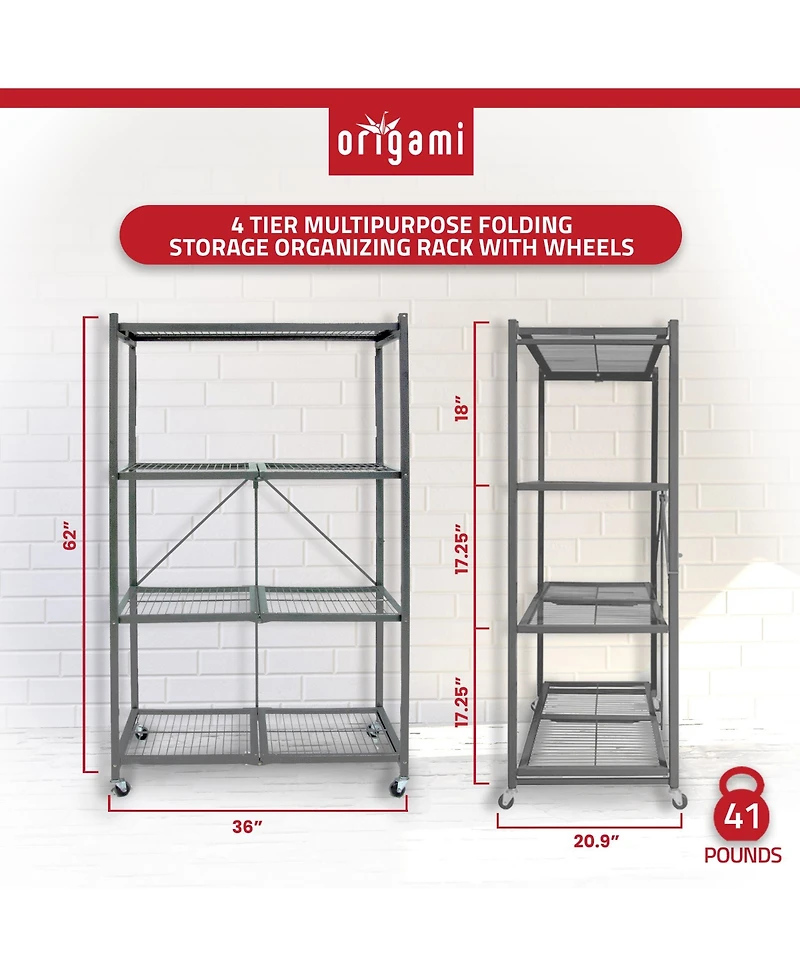 Origami 4 Tier Multipurpose Folding Storage Organizing Rack with Wheels (2 Pack)