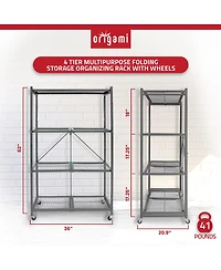 Origami 4 Tier Multipurpose Folding Storage Organizing Rack with Wheels (2 Pack)