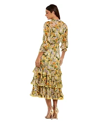 Mac Duggal Women's Floral V-Neck Ruffle Tiered Midi Dress with 3/4 Sleeves