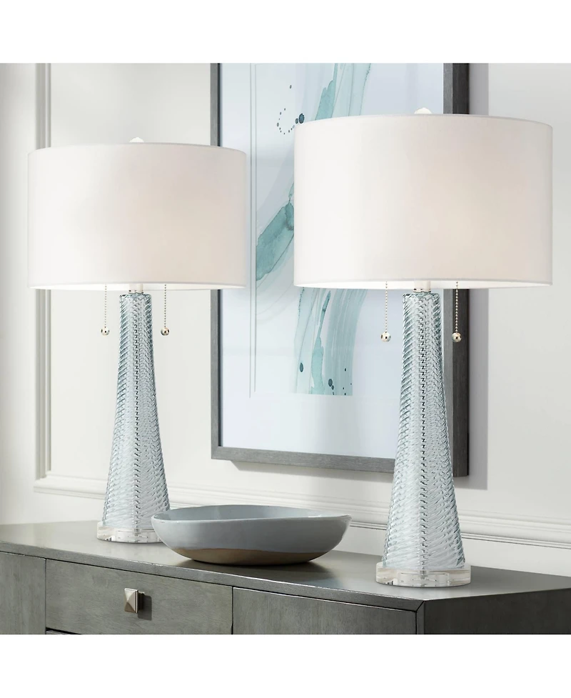 Possini Euro Design Modern Table Lamps 28.5" Tall Set of 2 Light Sky Fluted Glass Drum Shade for Living Room Bedroom Office Family