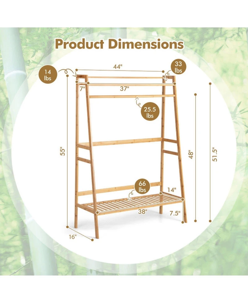Gouun Bamboo Clothing Rack with 2-Tier Storage Shelves and Side Hooks