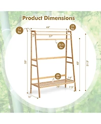 Gouun Bamboo Clothing Rack with 2-Tier Storage Shelves and Side Hooks