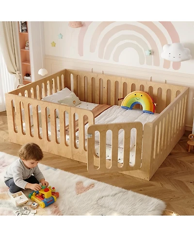 Streamdale Furniture Solid Wood Montessori Floor Bed with Door and High Fence