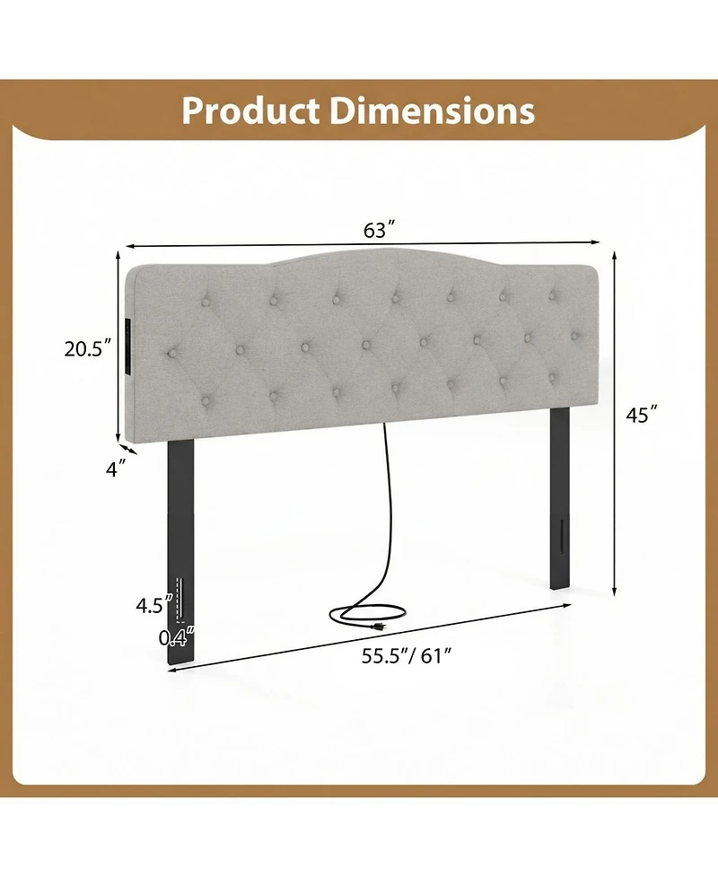 Slickblue Upholstered Tufted Headboard with 2 Ac Outlets for Queen and Full Beds