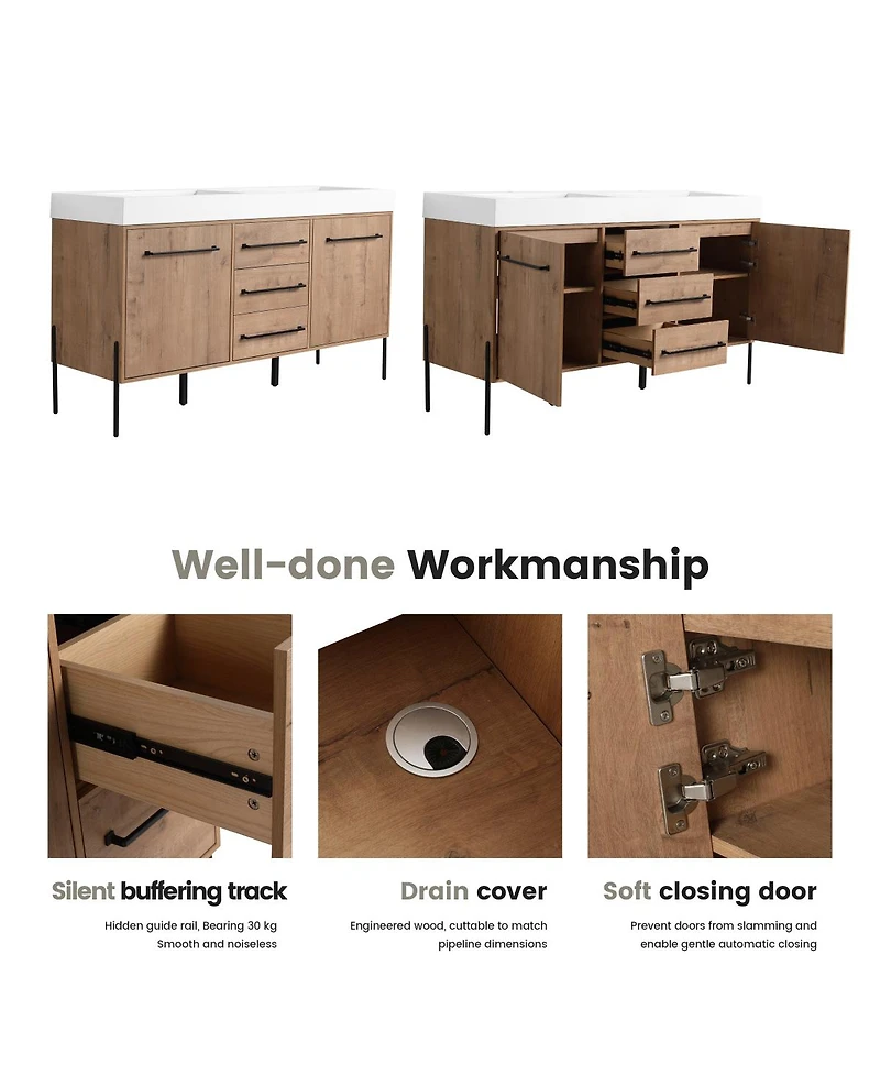 Sillysis Modern Double Sink Bathroom Vanity, Soft-Close Imitative Oak Plywood Cabinet, Water and Scratch Resistant for Bathroom