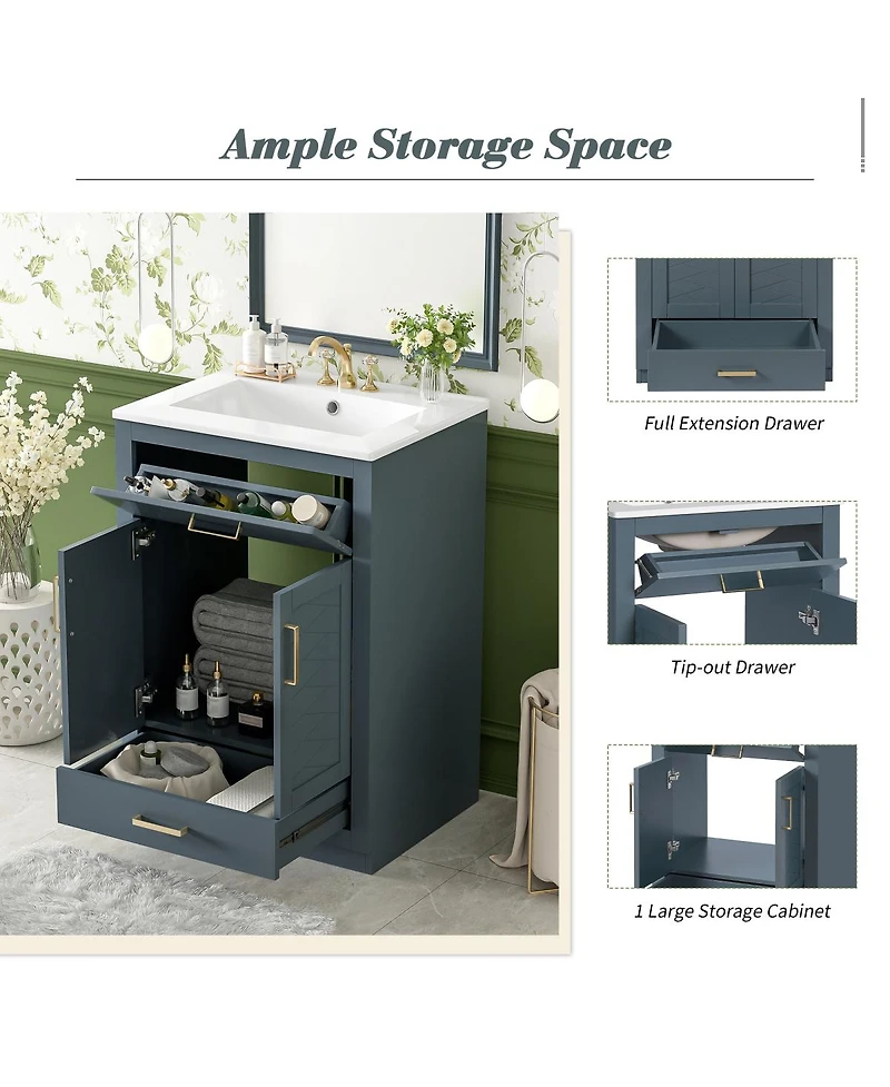 Sillysis Freestanding Bathroom Vanity with Ceramic Sink, 2 Door Cabinet and Tip-Out Drawer, Modern Storage for Small Spaces