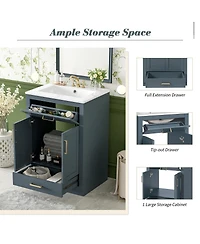 Sillysis Freestanding Bathroom Vanity with Ceramic Sink, 2 Door Cabinet and Tip-Out Drawer, Modern Storage for Small Spaces