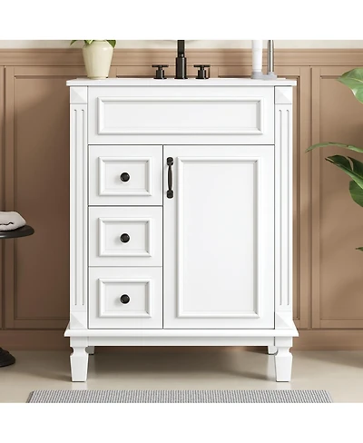 Sillysis Bathroom Vanity with Ceramic Sink, 2 Drawers and Adjustable Shelf, Modern French Freestanding Cabinet for Small Spaces