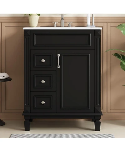 Sillysis Bathroom Vanity with Ceramic Sink, 2 Drawers and Adjustable Shelf, Modern French Freestanding Cabinet for Small Spaces