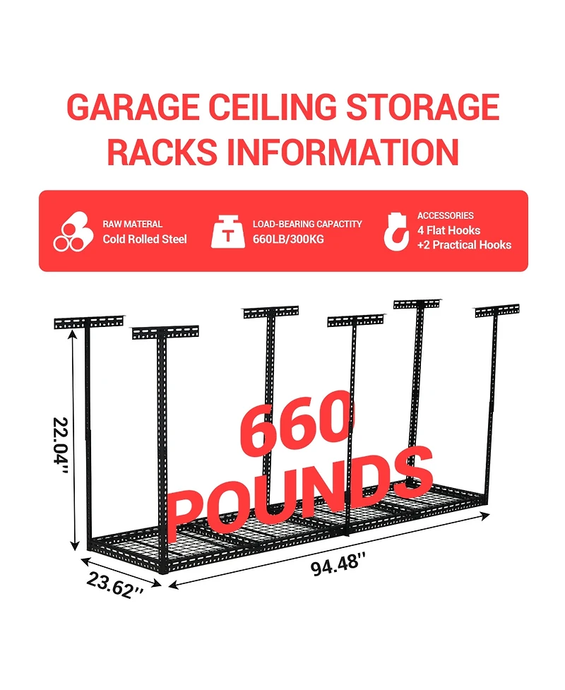 homfan 4 x 6 Foot Overhead Garage Storage Rack with Adjustable Ceiling Shelf and 330 Pound Capacity