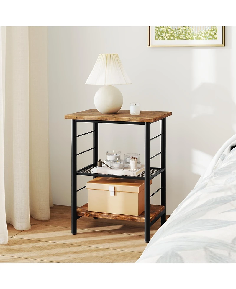 Slickblue Industrial 3-Tier Nightstand with Storage Shelves, Compact End Table for Small Spaces-Rustic