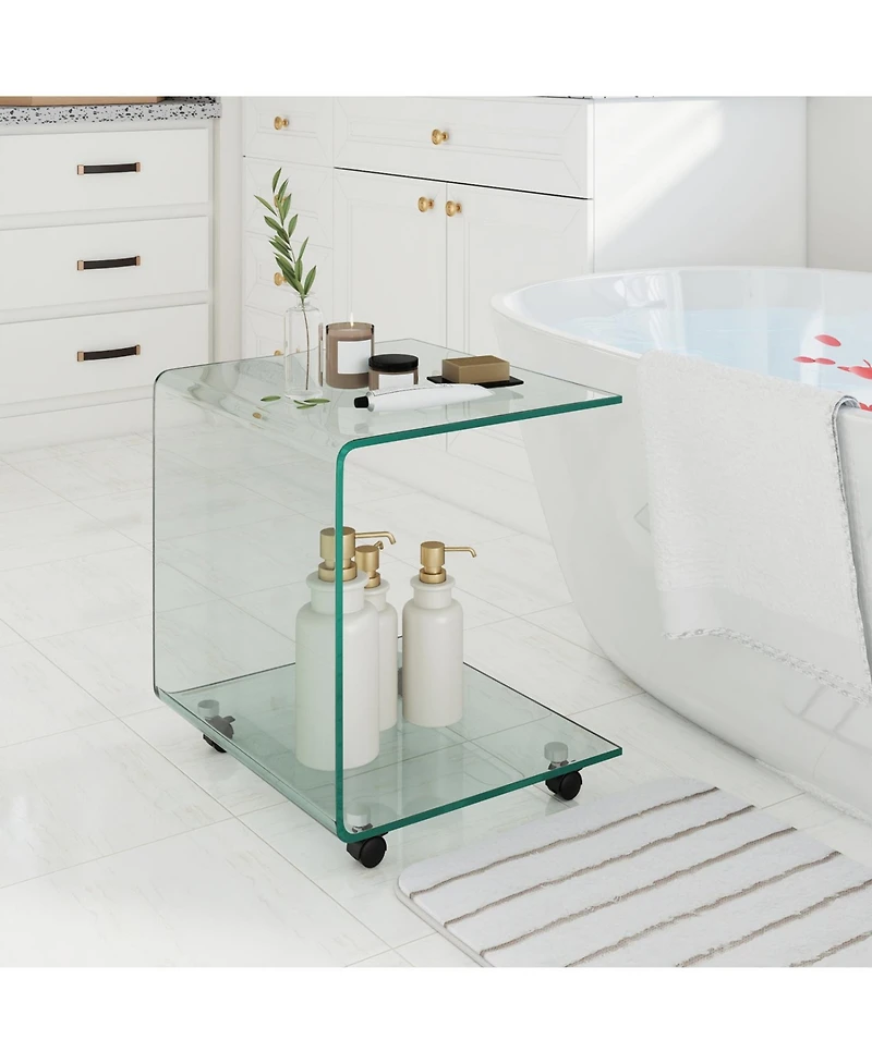 Slickblue Modern C-Shaped Side Table with Tempered Glass and Shelf for Sofa Bed Use
