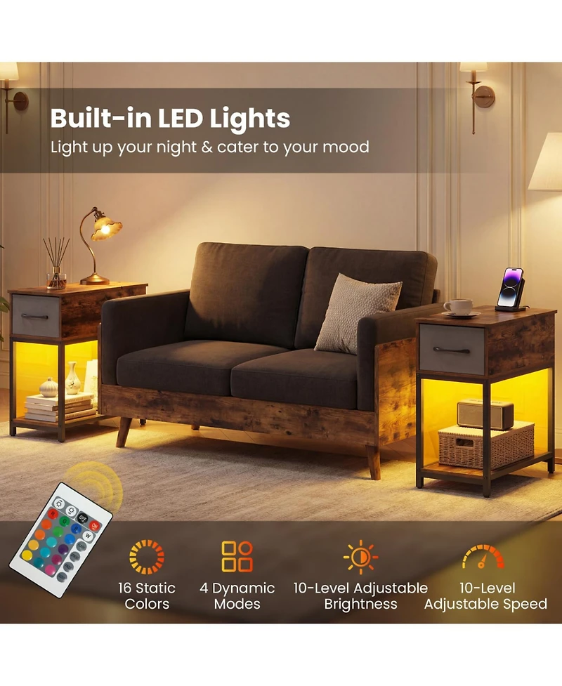 Slickblue Industrial Narrow End Table with Charging Station, Led Lights and Usb Storage Side Table